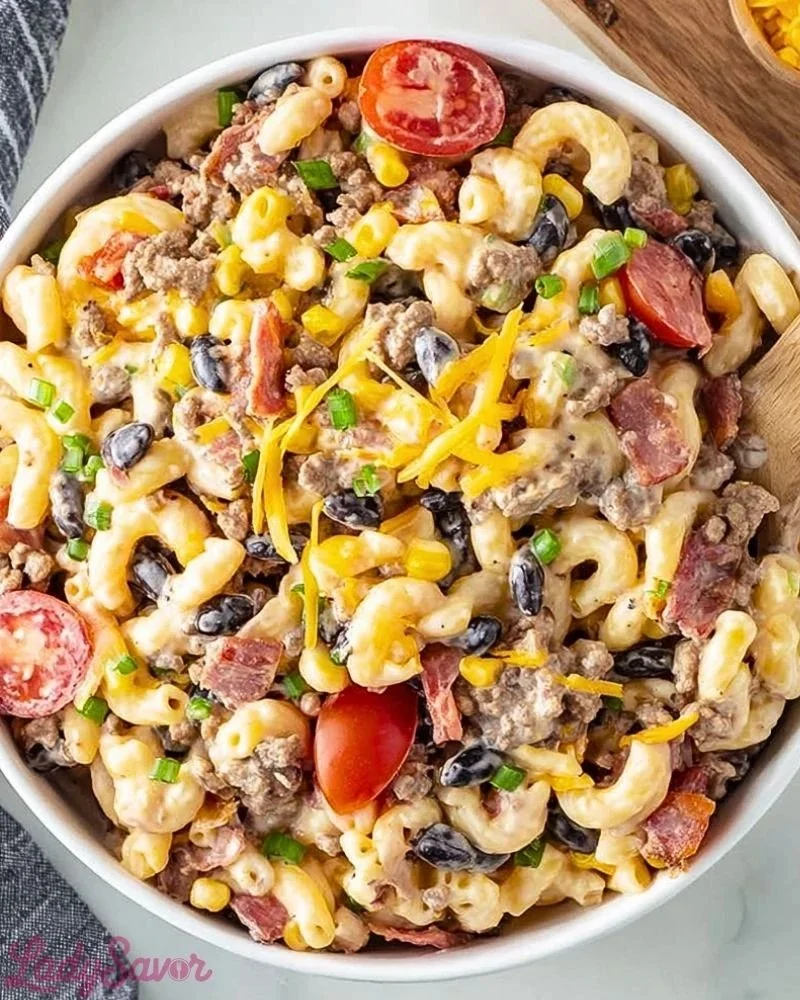 Delicious Cowboy Pasta Salad served in a bowl with fresh ingredients