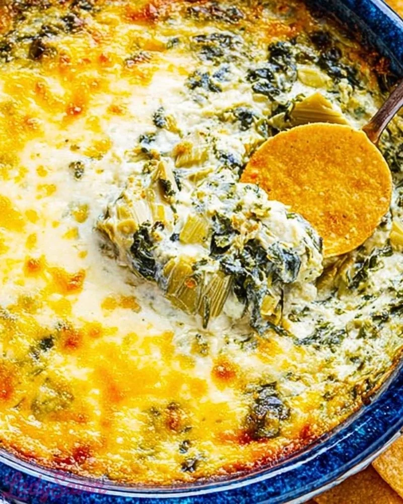 Creamy hot spinach artichoke dip served in a bowl with tortilla chips