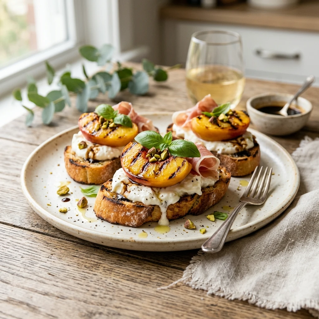 Grilled Peach Burrata Crostini